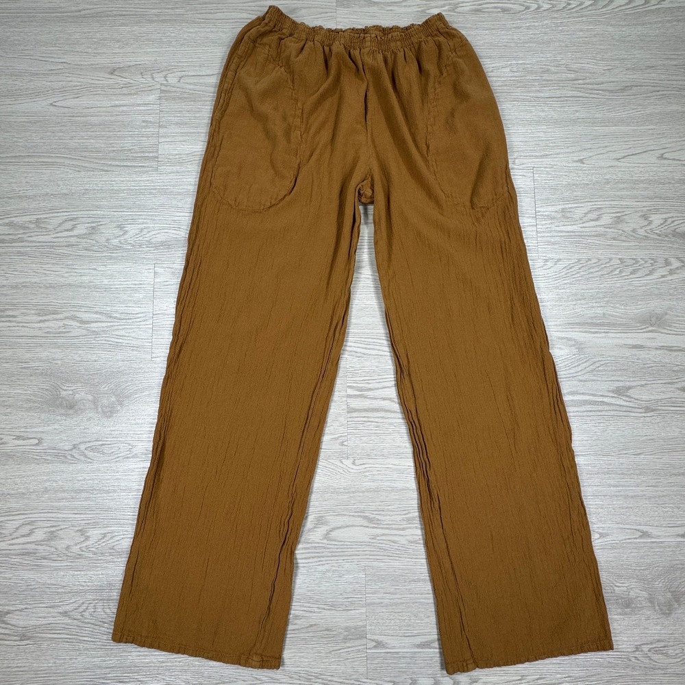 Oh My Gauze Women Pants Wide Leg Elastic Waist Cotton Brown Size 1 Pockets